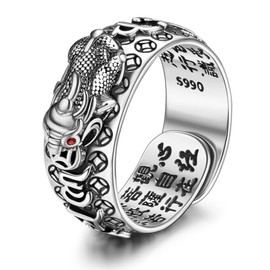 MILACOLATO Feng Shui Ring S990 Sterling Silver Feng Shui PiXiu Adjustable Ring 18K White Gold Plated Solid PiXiu MANI Mantra Protection Wealth Band Ring for Men Women