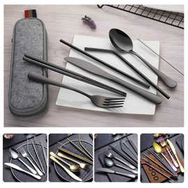 Busnos Travel Utensils Set with Case Reusable Stainless Steel Silverware Flatware Set 9 Pcs Portable Cutlery Eating Utensils Set for Lunch Boxes Workplace Camping School, Dishwasher Safe (Multi)