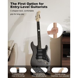 RVONE RST-150 39" Beginner Electric Guitar Kit with Amp & HSS Pickups | Complete Starter Set for Newcomers w/Essentials | Gig Bag, Extra Strings, Digital Tuner, Capo, Strap | Home Practice (Black)