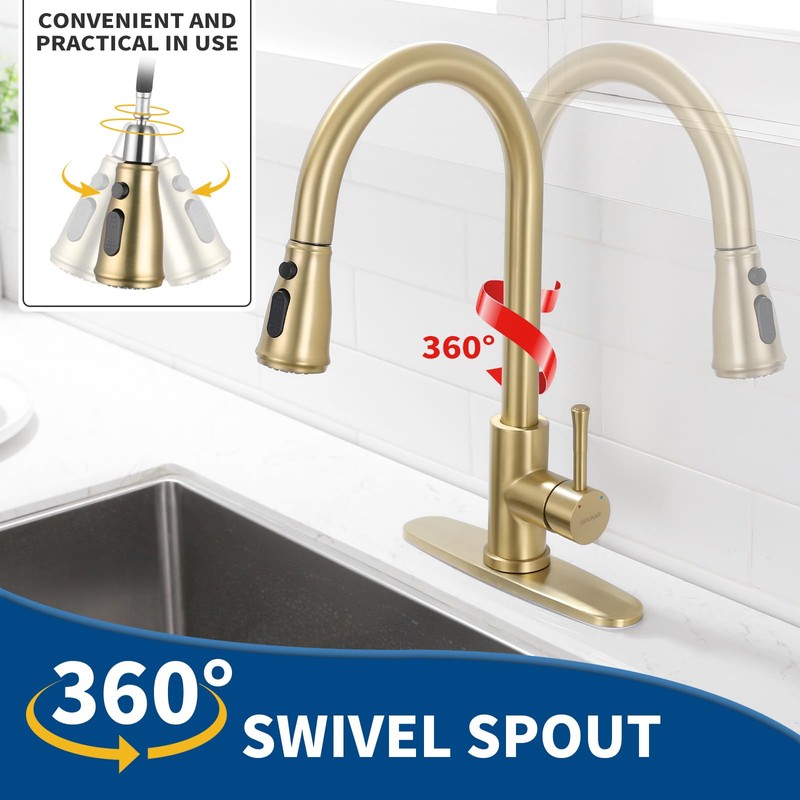 GUUKAR Gold Kitchen Faucet with Pull Down Sprayer, Modern Brushed