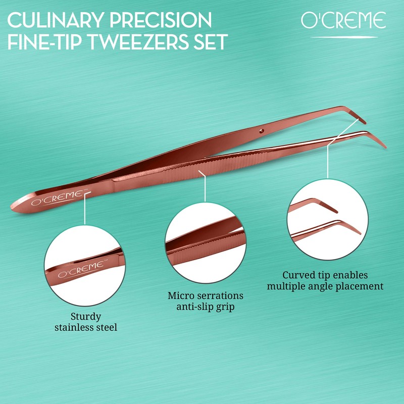 O'Creme Curved Tweezers 6.25 Inch Fine-Point Stainless Steel, Rose Gold