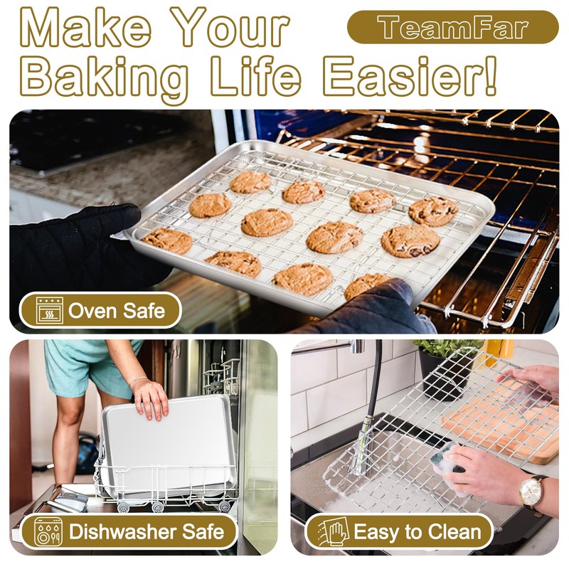 TeamFar Stainless Steel Baking Sheet with Rack Set, 16/12.5/9 Inch