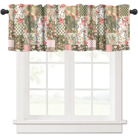 Floral Patchwork Valance Curtains, Vintage Rustic Boho White Green Pink Rose Flower Plaid Seamless Pattern Home Decor Short Window Treatments Drapes for Bedroom Living Room Kitchen 54x18in x1 Panel