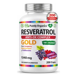 Resveratrol Gold 200 Cápsulas Suplemento Antioxidante Transresveratrol Complejo Antioxidantes Polifenoles Betacaroteno Licopeno Vitamina Anti Complex