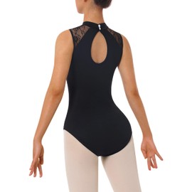 Mulnall Women's Ballet Stand Collar with High Neck Lace Backless Ballet Adult Gymnastics Leotard Women's Ballet Clothing, Sleeveless Black