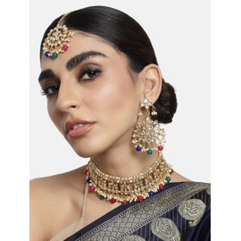 Aheli Elegant Indian Faux Kundan Studded Choker Necklace with Maang Tikka Set Ethnic Wedding Wear Fashion Jewelry Gift for Women