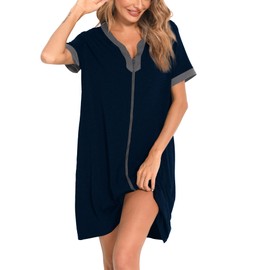 SWOMOG Women Zipper Front House Coat Short Sleeves Robe Zip up Bathrobes Short Nightgown with Pockets S-3XL Deep Navy Blue 3X-Large