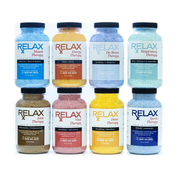 Rx Luxury Epsom Salts for Spa, Bath Aromatherapy - Relax Spa & Bath - Bundle of 8, 19oz Bottles, Natural Epsom Salts Infused with Vitamins, Minerals, Essential Oils, For Aches, Swelling, Stress Relief