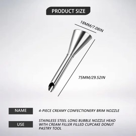 4PCS Cream Icing Piping Nozzle Tip, Stainless Steel Long Puff Nozzle Tip Cream Filler Filling Cupcakes Doughnuts Pastry Tool