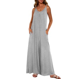 dowerme Women's Summer One Piece Jumpsuits 2025 Casual Spaghetti Strap Loose Wide Leg Long Pant Rompers With Pockets(Grey,Large)