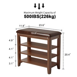 AQIMUELE Shoe Bench with Leather Cushion, 3 Tiers Shoe Storage Bench Height Adjustable, Walnut Wood Entryway Bench for Hallway, Mudroom
