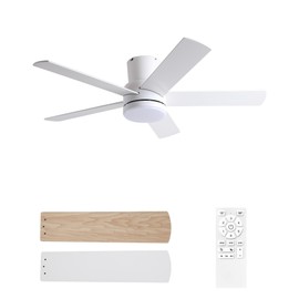 42 Inch White Ceiling Fan with Light Flush Mountand Remote Control,Dimmable 3 Color Temperatures LED Ceiling Fan,6 Speeds Reversible DC Motor,5 Blades Modern Ceiling Fans for Indoor or Covered Outdoor