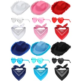 Handepo 6 Pcs Cowboy Hat Set Cowgirl Hat with Feather Heart Shaped Sunglasses Paisely Bandana Accessories for Women Men Bachelorette Party Costume, Assorted Colors