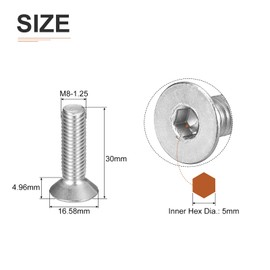DTGN M8-1.25 x 30mm Flat Head Socket Cap Screws, 15 Pack 304 Stainless Steel Hex Socket Flat Head Screws, Full Thread, Countersunk Bolts