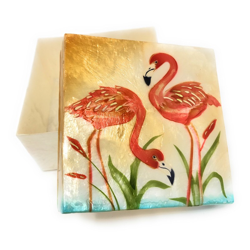 Kubla Craft Capiz Shell Keepsake Box, Pair of Flamingos, 4