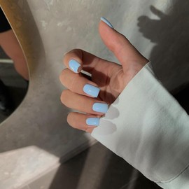 Sky Blue Press on Nails Short Square, Natural Short Gel Nails Glue on Acrylic Nails Press ons, 48Pcs Thick Reusable Fake Nails for Women, Short Coffin Artificial Nails New Solid Color Square Nails