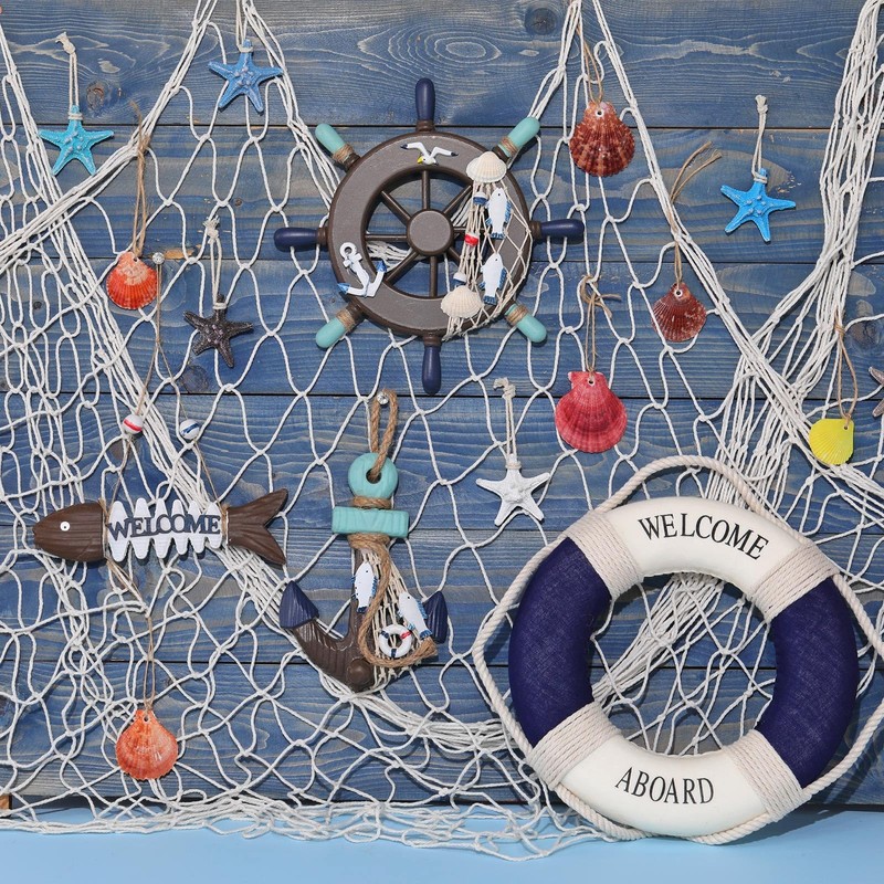 Marsui 11 Pcs Wooden Nautical Wall Decor Fishing Net Decoration,