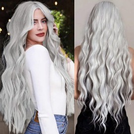 PORSMEER Long White Silver Wavy Wig for Women 26 Inch Middle Part Curly Wavy Wig Natural Looking Synthetic Heat Resistant Fiber Wig for Daily Party Use (White-Light Grey)