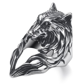 WESTMIAJW Mens Wolf Head Ring Stainless Steel Gothic Punk Goth Wolf Rings for Men Size S