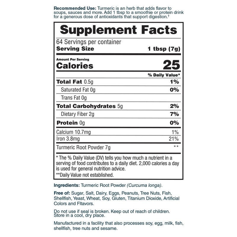 Nature's Lab Turmeric Root Powder - 1lb Bag (64 Servings)