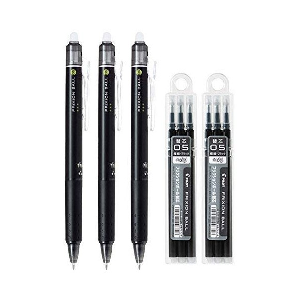 Pilot FriXion Ball Knock Retractable Erasable Gel Ink Pens, Extra Fine Point 0.5mm, Black Ink, 3 Pens & 6 Refills Value Set