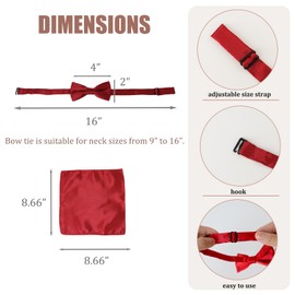 Chanseen Wine Red Bow Tie and Pocket Square for Boys Kids Pre Tied Adjustable Bowtie Handkerchief Set for Party Wedding Formal Costume Accessories