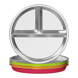 Jayour Kids Stainless Steel Divided Plates with Anti-Slip Silicone Sleeves | Dishwasher Safe | Perfect for Toddlers & Kids - Set of 4