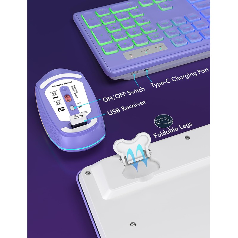 Wireless Keyboard and Mouse Combo, RGB Backlit, Rechargeable & Light