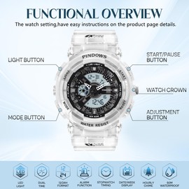 PINIDOUS Women Watch for Women Teenagers Students Watch Outdoor Waterproof Digital Sports Analog Watches for Ladies with Stopwatch Alarm Countdown Dual Display 7 Color LED Backlight