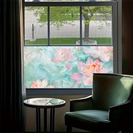 HOMETITUTE Stained Glass Window Film 39.3×17.7 Inchs Lotus Window Privacy Film Flowers Glass Decorations Anti-UV Sun Blocker Heat Control Removable Static Cling Stickers for Living Room