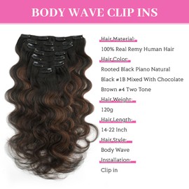ABH AMAZINGBEAUTY HAIR Body Wave Clip in Hair Extensions Human Hair Body Wave Clip ins for Black Women Rooted Black Piano Natural Black #1B Mixed With Chocolate Brown #4 Two Tone 120G 16 Inch