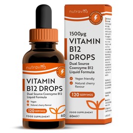 Nutravita Vitamin B12 Drops - 60ml - Vegan Vitamin B 12 Coenzyme Liquid - Natural Cherry Flavour - VIT B12 Liquid Drops - B Complex Methylcobalamin & Adenosylcobalamin - Brain, Heart & Energy
