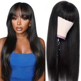 Abijale Straight Wigs human hair wigs with bangs 180% Density 4x2 lace Closure Wigs Human hair Ready to Wear and Go Glueless Lace Closure Wigs for Black Women 26Inch