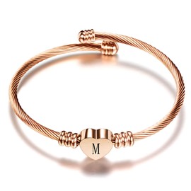 Luluadorn Rose Gold Heart M Letter Bracelets Engraved Initial Charms Cuff Bracelet Stainless Steel Expandable for Women Birthday Gifts