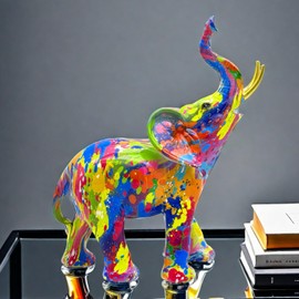 Colorful Elephant Statue Sculpture Figurine for Home, Office, Living Room, Desktop Decoration, Garden Outdoor Decor (Large)