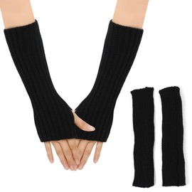KMKANPO 1 pair of women's fingerless long gloves, pulse warmer, winter knitted gloves, thermal gloves, half fingerless gloves, arm warmer, cuffs, unisex, black, S