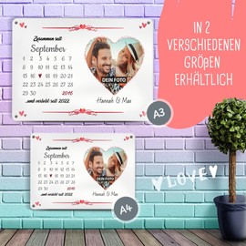 Metal Sign with Calendar Design Yourself - Metal Poster with Customisable Anniversary, Print with Name, Text & Photo - Gift for Boyfriend, Girlfriend, Valentine's Day, Anniversary - Sign A4