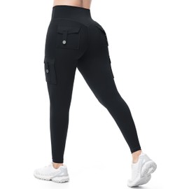 Prettyleaf Workout Cargo Leggings with Pockets for Women 25/27/29 Hidden Scrunch Seamless Butt Lifting Gym Yoga Pants, 27" Black, M