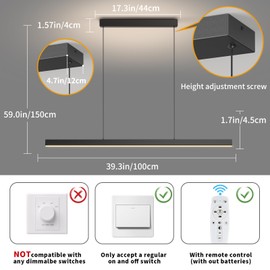 Zihoi Modern Ceiling Pendant Lights,39in LED Black Linear Chandelier with Remote Control 3000k-6000K Adjustable Color Temperature,Island Lighting Hanging Light for Kitchen,Dining Room,Living Room