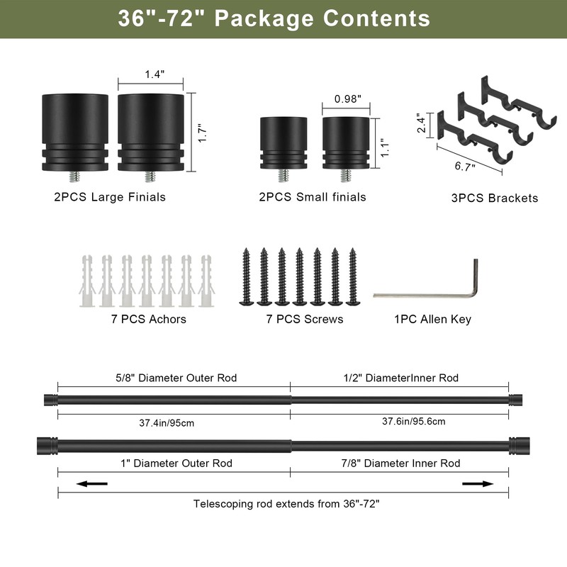 Double Curtain Rods 36-72 Inches for Windows, 1 Inch Diameter