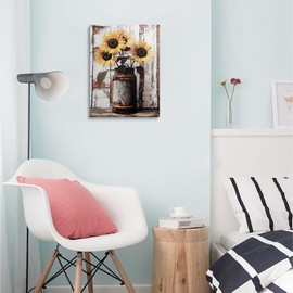 ZYNYZ Z Rustic Retro Farmhouse Flower Sunflower Canvas Wall Art, Yellow and Brown Floral Vintage Milk Can Print Painting, Country Kitchen Bathroom Home Decor Ready to Hang (12"x16")