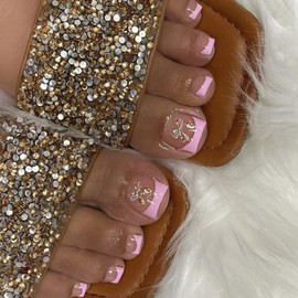 Pink French Tip Press on Toenails for Women, Bow Fake Toe Nails Short Square Glue on Toenails 3D Bows Acrylic Toenails Cute Full Cover Stick on Toenails Pink Toe Nail Tips Summer False Toenails