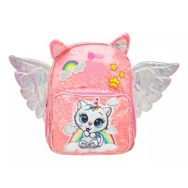 Lluvia Mochila Y Lapicera Gato Unicornio Con Alas Lentejuela Rosa Primaria Lluvia Diseño De La Tela Lentejuela, Estampado