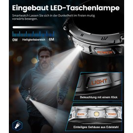 FOXBOX Men's Military Smartwatch 1.43 Inch AMOLED 530 mAh 5ATM Waterproof 100+ Sports Modes Bluetooth Call Health Monitoring Step Calorie Heart Rate Blood Pressure Sleep Android iOS Jet Black