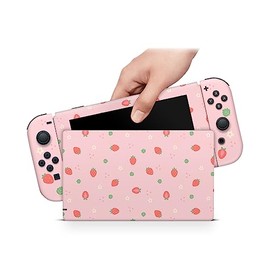 ZOOMHITSKINS Compatible with Switch Skin Cover, Cute Light Pastel Pink Strawberry Daisy Flower Kawaii, Vinyl Decal Sticker Wrap, Made in The USA