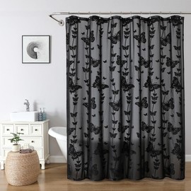 Onalasyc Black Butterfly Shower Curtain, Lace Butterfly Shower Curtains for Bathroom Black Sheer Shower Curtain Vintage Aesthetic Decor Bathroom Waterproof Shower Cutain, 12 Pcs Plastic Hooks, 72x72in