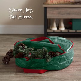 ZOBER Christmas Holiday Wreath Storage Bag -Tear Resistant Fabric Storage Bag Artificial Christmas Wreaths Sleek Zipper Featuring Transparent Card Slot Labeling | 24" x 24" x 7" Green