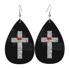 Christian Cross Faux Leather Earrings for Women,Cross of Religious Words Earrings Teardrop Dangle Leather Earrings for Women
