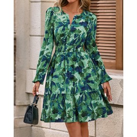 BTFBM Fall Dresses for Women 2025 V Neck Long Sleeve Elastic Waist Boho Beach Vacation Clothes Floral Mini Summer Dress(Flower Green, Large)