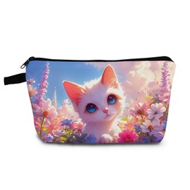 YULUENZE Kawaii Cat Present Floral Cartoon Cat Makeup Bag Cute Small Organizer Bag with Zipper Lovely Kitten Kitty Cosmetic Bag Birthday Presents for Cat Lovers Women Sisters Friends